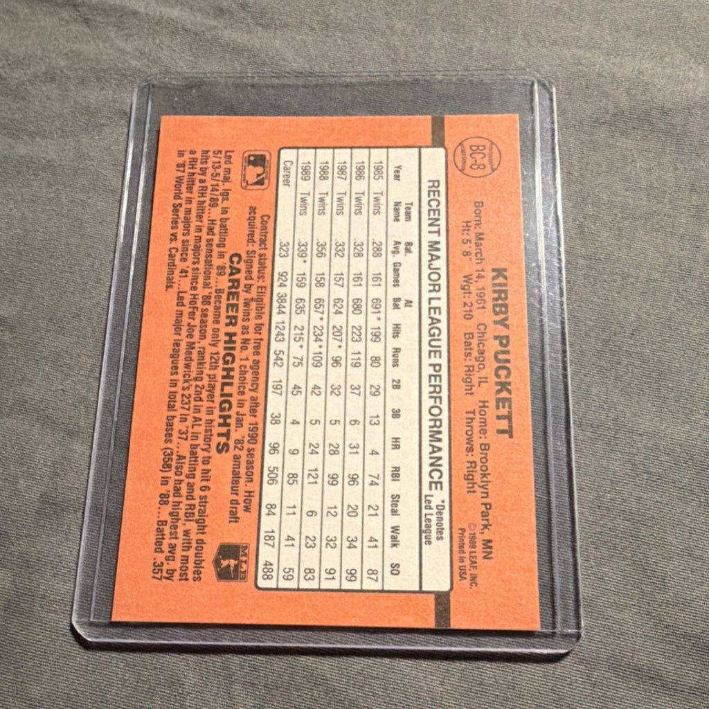 Error Card- Donruss 1990 Kirby Puckett #BC-8 Twins MVP Baseball Card - DOB Error
