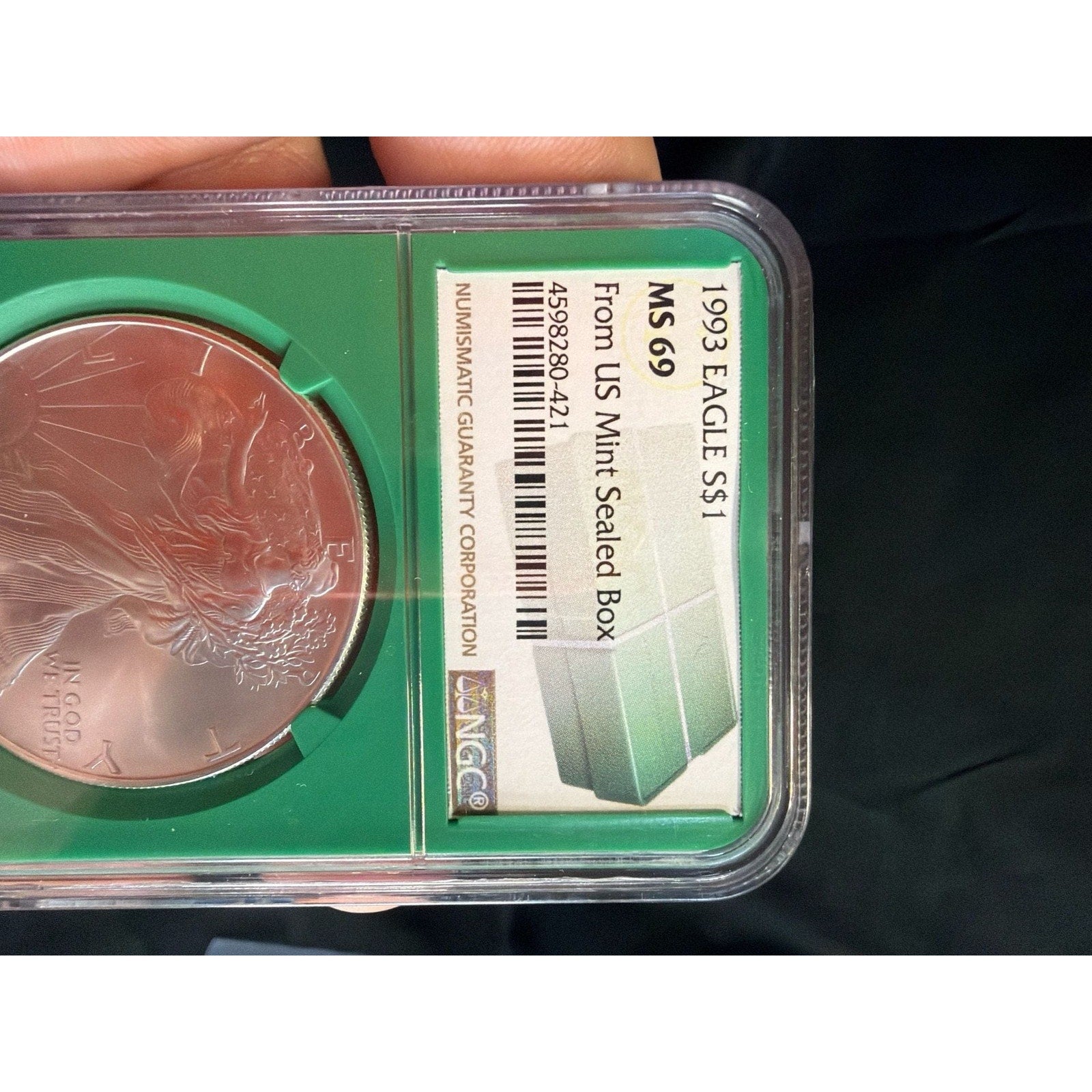 1992 American Silver Eagle Early Production NGC MS-69, Green Core EF133