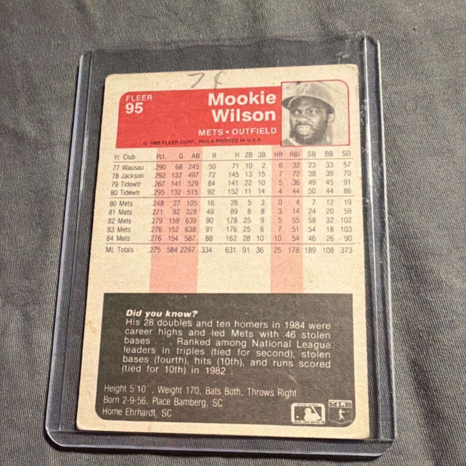 Fleer 1985 Mookie Wilson #95 New York Mets Baseball Card MLB