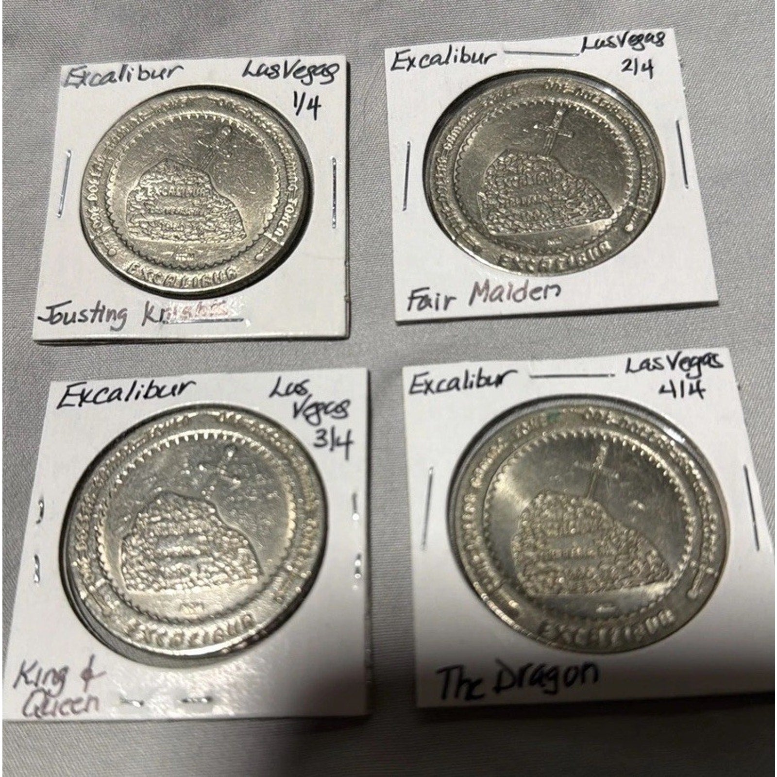 Excalibur Vegas $1 Gaming Tokens 4pc Merlin Joust Dragon Historic Slot